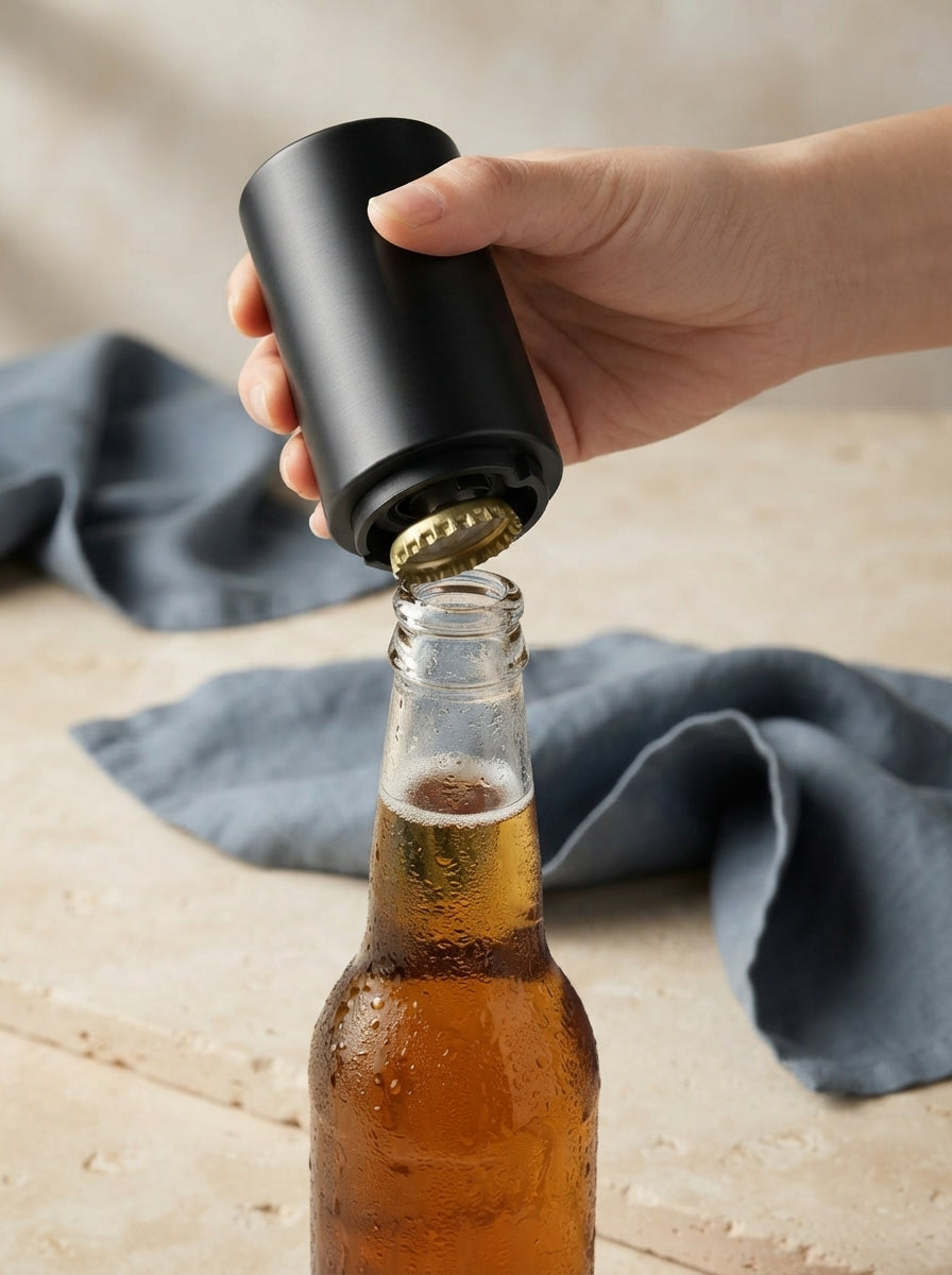Automatic magnetic bottle opener on a stone tabletop with a glass bottle in a minimalist, modern interior setting.